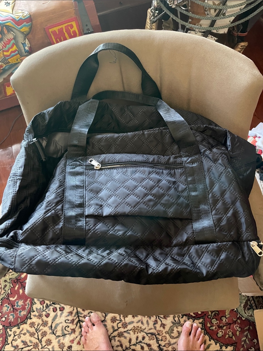 Quilted Black Travel Duffel Bag with strap